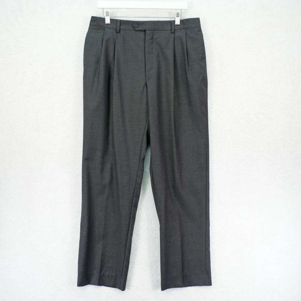Jos A Bank Wool Gray Check Dress Pants -35R 35 / 32- Mid Rise Pleated Cuffed Li